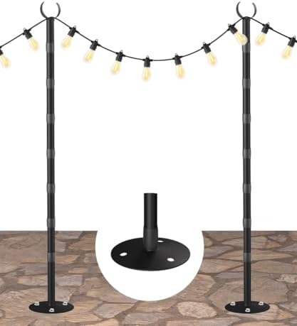 10Ft String Light Poles for Hard Surfaces, Outdoor Light Stand for Backyard, Garden & Patio Party Lighting, Heavy-Duty Metal Poles with Waterproof Finish, Rustproof & Adjustable, 2 Pack by Tigerden