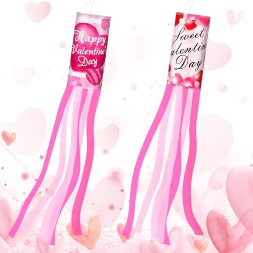 NOVWANG 2 Pieces 40 Inches Valentine's Day Windsock, Valentine Hearts Windsocks Outdoor Hanging Wind Sock for Wedding Anniversary Home Party Yard Garden Patio Decoration by NOVWANG