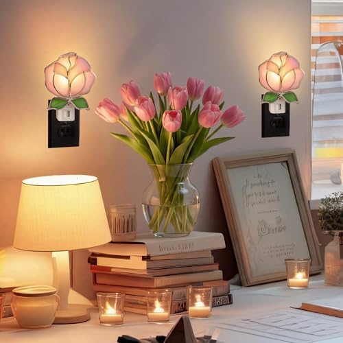 Baquler 2 Pcs Stained Glass Pink Rose Night Light Plug into Wall, Pink Floral Spring Flower Light Decor for Home Bedroom Bathroom Kitchen Hallway Valentine's Mother's Day Easter Decoration - Image 6
