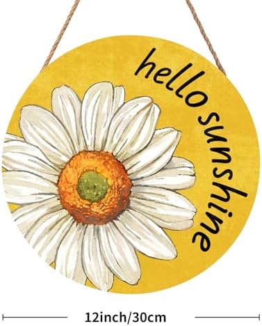 Spring Summer Daisy Flower Front Door Sign Hello Sunshine Floral Wood Door Hanger Outdoor Outside Porch Decor Seasonal Wooden Wreath Farmhouse Indoor Wall Hanging Decoration for House 12"x12" - Image 2