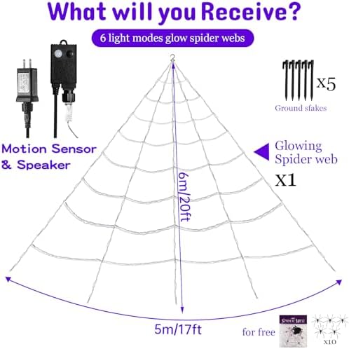 [Motion Activated Lighting&Speaking] 20 * 17FT Halloween Spider Web 150 Led Purple&Orange Lights Light Up Lighted Triangular Giant Waterproof with 200sqft Cobweb for Outdoor Decor Yard Decoration - Image 2