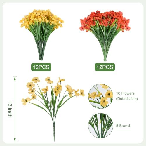 Artificial Fall Flowers for Outdoor Faux Plants for Spring Summer Decoration, UV Resistant Realistic Silk Plastic Fake Autumn Fall Flowers Garden Porch Patio Balcony Yard Front Home Decor, 24 Bundles - Image 2