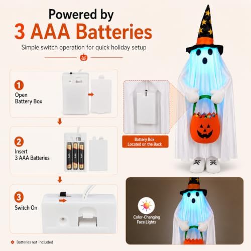 37" Outdoor Halloween Decorations Light Up Standing Ghost, Color Changing LED | Built-in Trick-or-Treat Candy Bag, Flexible Arms & Legs, Porch Yard Decorations, Indoor Outdoor Lighted Decor - Image 6