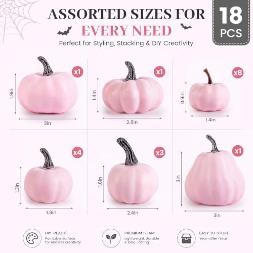 DomeStar 18 PCS Assorted Pink Foam Pumpkins for Decoration, Pink Pumpkins - Image 2