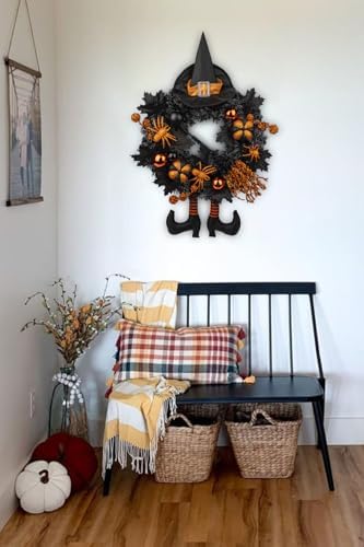 Halloween Wreath for Front Door 20" Tinsel Black Witch Wreath with Hat Legs and Orange Pumpkin for Fall Autumn Indoor Window Door Thanksgiving Halloween Decorations - Image 6