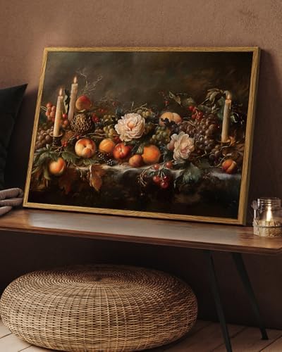 Vintage Framed Autumn Still Life Thanksgiving Wall Art 12x16 Fruits Candles Oil Painting, Rustic Classic Fall Peaches Grapes Canvas Print, Harvest Farmhouse Kitchen Dining Room Decor - Image 6