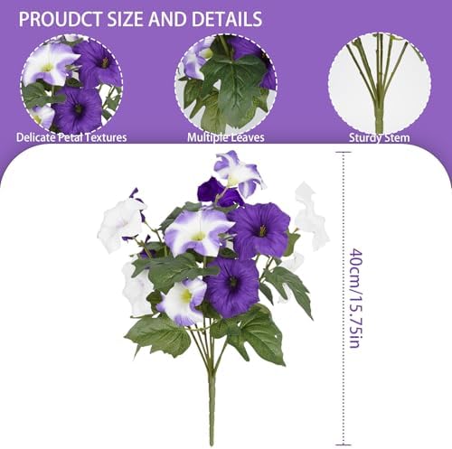 Artificial Flowers for Outdoors, Faux Petunias Spring Summer Decoration, Fake Flowers Plants UV Resistant Look Real Silk Flowers for Outside Planter Front Door Porch Patio Yard (6, Purple-White) - Image 2