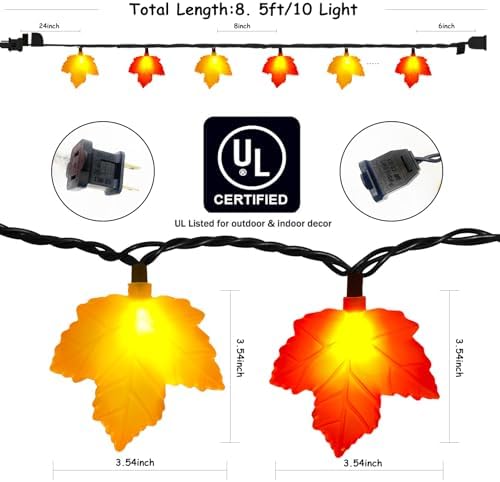 Fall Decor Maples Leaf String Lights, 8.5FT LED Maple Leaf Lights with 10 3D Maple Light, Plug in Fall Decorations for Indoor Outdoor Thanksgiving Christmas Halloween Harvest-Orange/Yellow - Image 2