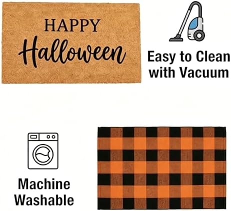 SEEKSEE Happy Halloween Decor Doormat Set, Thick Coco Coir Door Mat + Orange and Black Buffalo Plaid Rug, Outdoor Layered Mat for Front Door Non-Slip Backing Floor Mat for Porch - Image 6