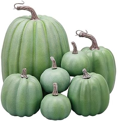 Lizxun 7Pcs Artificial Pumpkins Halloween Decoration, Lifelike Simulation Mixed Harvest Fall Foam Pumpkins for Halloween Thanksgiving Home Party Supplies (Dark Green 01-7pcs) by Unknown