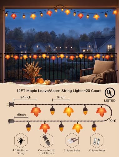 SUNSGNE 12FT Acorn Maple Leaf String Lights, Thanksgiving Fall Decor - Image 2