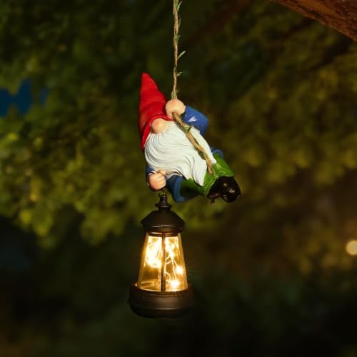 Solar Hanging Gnome Garden Statues Funny Climbing Gnome with LED Lantern by WONDHOME