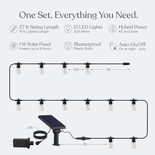 Brightech Ambience Hybrid Outdoor String Lights - Dual Plug and Solar Powered Waterproof LED Light String for Outside - 27 Ft, Soft White Edison Bulbs, for Camping, Patio, Cafe, Yard, Porch - Image 5