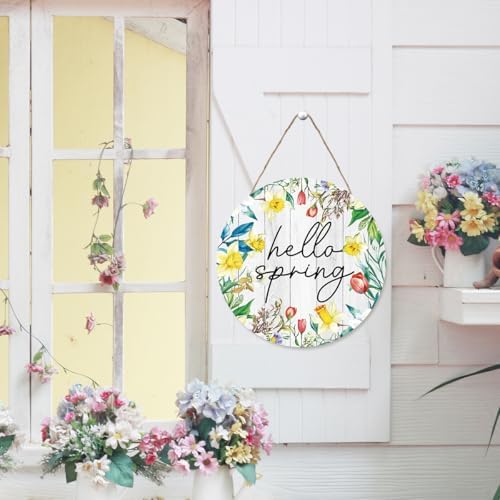 Hello Sign for Front Door Decor, Spring Flowers Wooden Sign Indoor Wall Hanging Decor Round Hanging Decoration for Home Front Door Porch - Image 4