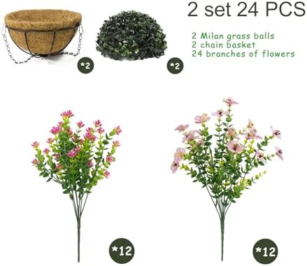 Artificial Hanging Plants Flowers with Basket 2 Packs, Artificial Hanging Flowers for Outdoors, Faux Hanging Plants Outdoor, Pink Fake Flowers, Pink&Pink - Image 2