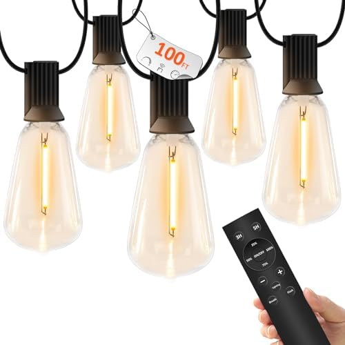YOYONACY 100 FT Outdoor String Lights for Outside, IP65 Waterproof ST38 LED Shatterproof Bulbs, Dimmable & Timable, 3 Light Modes, Hanging Patio Edison Lights for Porch Backyard Cafe Bistro by YOYONACY