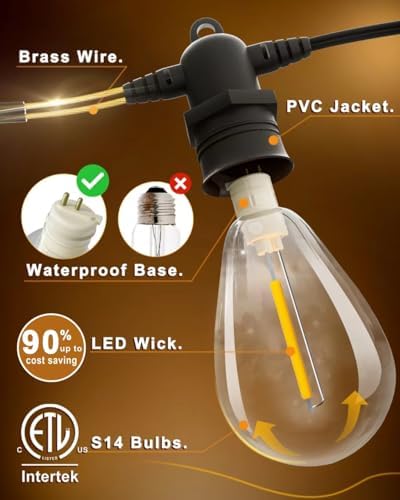 100FT LED Outdoor String Lights with 30 Edison Shatterproof IP65 Waterproof Bulbs, 2700K Dimmable Commercial Grade Patio Lights, Heavy Duty Outside Hanging Light for Garden Porch Deck Decor - Image 3