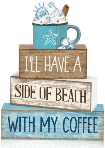Lineshading 4 Pcs Beach Coastal Wooden Block Signs with Coffee Cup Summer by Lineshading
