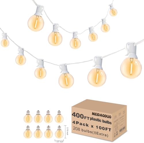 400FT White String Lights for Outside with 200+8 Extral LED G40 Bulbs Globe String Lights White Cord for Patio Pergola Gazebo Wedding Decoration, 4 x 100FT Connectable by Meidaoduo