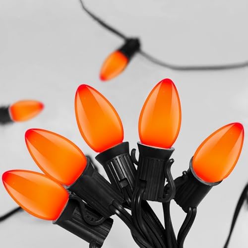 SUNSGNE C7 LED Orange String Lights Outdoor, 25FT Halloween String Lights with 27 LED Orange Lights(2 Spare) for Patio Garden Roofline Backyard Halloween Decorations, Black Wire by SUNSGNE