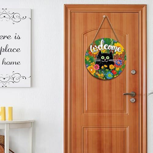 Welcome Spring Summer Black Cat Sign for Front Door Decor Spring Flowers Door Hanger for Outdoor Outside Porch Seasonal Summer Farmhouse Wooden Wreath Colorful Wall Hanging Decoration 12"x12" - Image 5