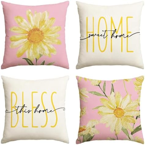 AVOIN colorlife Home Sweet Home Spring Summer Flowers Pink Throw Pillow Covers, 16 x 16 Inch White Cushion Case for Sofa Couch Set of 4 by AVOINcolorlife