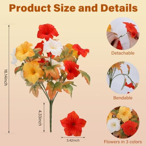 Geegoods Fall Flowers Outdoor, 4 Bundles Orange Yellow White Faux Petunias - Image 2