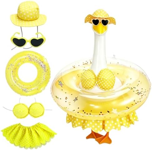 Hawaiian Porch Goose Outfit, Summer Bikini Costume with Sunglasses & Wreath, Fits 23" Goose Statue, Garden Lawn Patio Yard Outdoor Decoration (Yellow) by MeiAid