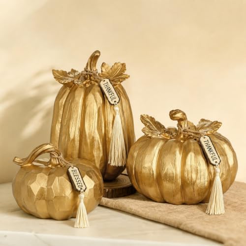 Briful Fall Pumpkin Decor 3 Pcs, Gold Faux Resin Pumpkin Dining Centerpiece by Briful