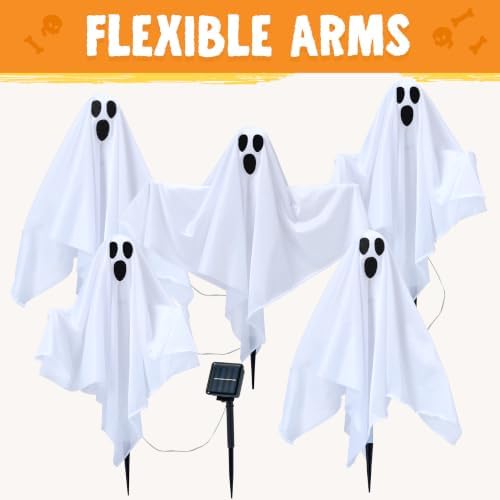 JOYIN 5 Packs Halloween Solar Ghost Lights Outdoor Decorations, Yard Stake Spooky Decorations Ghosts, Warm White Solar Powered Lights with Arms for Yard, Garden Pathway, Porch & Haunted House Decor - Image 2