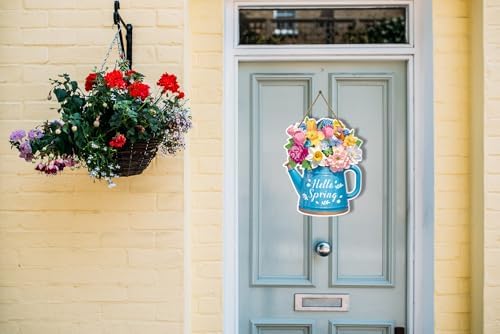 JUESMOS Hello Spring Sign Welcome Spring Decorations for Home 11.4" Flowers and Watering Can Spring Door Wreaths Sign Spring Hanging Sign for Front Door Spring Porch Home Wall Indoor Outdoor Decor - Image 7