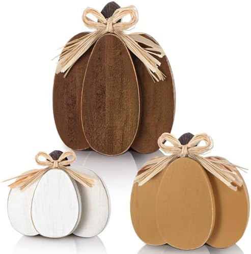 Ferraycle 3 Pcs Fall Pumpkin Decor, 3D Wooden Pumpkin Tabletop Decor by Ferraycle