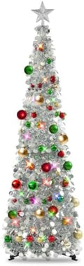 N&T NIETING Pop Up Christmas Tree with Lights & 30 Balls, 5Ft Collapsible Silver Tinsel Christmas Tree Decoration for Holiday Home Office Decor by NTNIETING