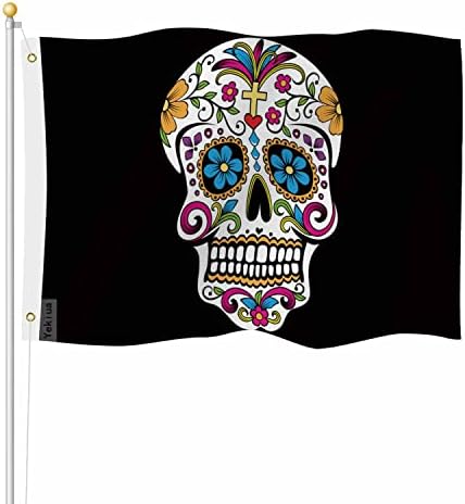 Yekiua Sugar Skull Flag 3X5 Ft Outdoor Rainbow Skulls Day Of The Dead Premium Strongest Longest Lasting Flag Vivid Color With Brass Grommets by Yekiua