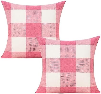 VAKADO Pink White Outdoor Farmhouse Buffalo Plaids Decorative Throw Pillow Covers Retro Checked Square Cushion Cases Classic Coffee Check Home Decor for Couch Sofa Patio 24x24 Inch Pack of 2 by VAKADO
