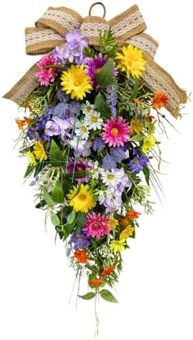 25 Inch Lighted Spring Summer Teardrop Swag with Timer Daisies Wildflower Burlap Bow Farmhouse Floral Decor for Front Door Wall by Unknown