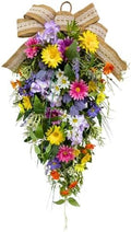 25 Inch Lighted Spring Summer Teardrop Swag with Timer Daisies Wildflower Burlap Bow Farmhouse Floral Decor for Front Door Wall by Unknown