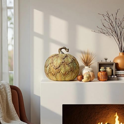 DiliComing Fall Decorations for Home Fake Pumpkin - 6.5 Inch Artificial Pumpkin Halloween Decor, Decorative Resin Leaf Pumpkin Table Accent for Halloween, Fall Harvest and Thanksgiving - Image 3