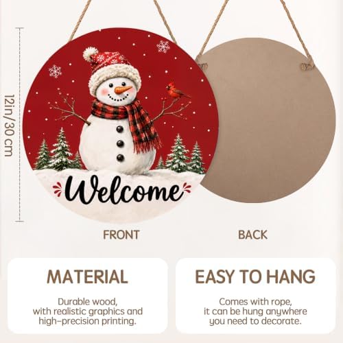 Christmas Welcome Sign for Front Door Decor Xmas Snowman Snowflake Round Outdoor Hanging Wooden Door Sign for Porch Red Winter Holiday Wreath Hanger Sign for Outside Indoor Wall Decoration 12"X12" - Image 2