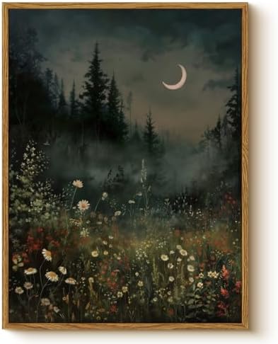 WHASAYART Moonlit Forest Wall Art 12x16 Framed Wildflower Meadow Canvas Print, Rustic Nature Night Landscape Artwork Moody Dark Crescent Moon Botanical Flowers Trees Art, Aesthetic Bedroom Home Decor by WHASAYART