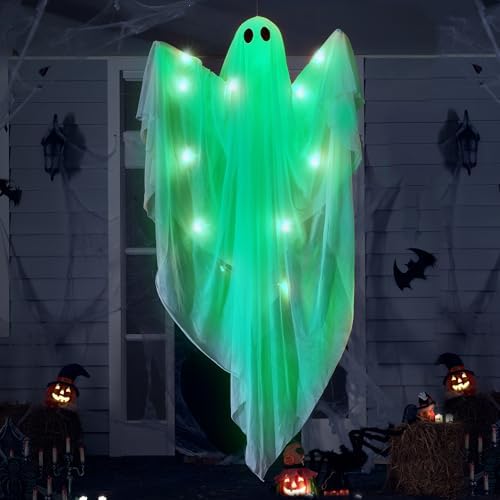 JOYIN Halloween Hanging Light up Ghost, 47" White Ghosts with Green LED Light and Timer Halloween Hanging Decoration Waterproof for Front Yard Patio LawnGarden Party Decor Indoor Outdoor by JOYIN
