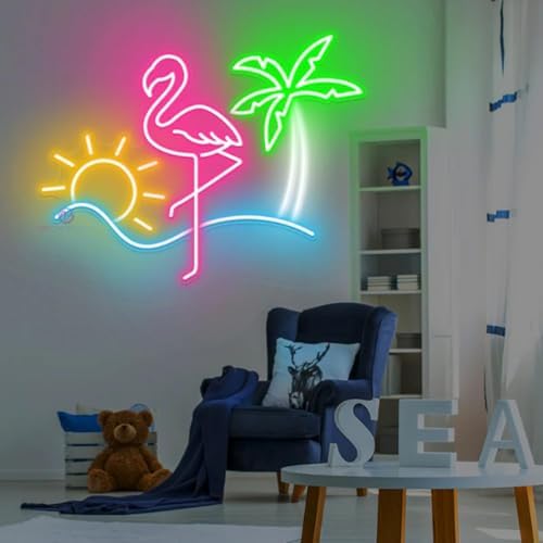 Dimmable Summer Neon Sign Powered by USB,Acrylic Pink Flamingo Green Palm Tree Neon Art Light Sea Beach Light up Decor,Personalized Neon Light for Girls Room Sea Hotel Beach Pool Party(15.7x11Inch) - Image 3