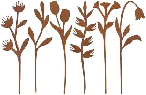 hogardeck Garden Decor for Outside, 6 Pcs Rusty Metal Flower Garden Stakes with Fern Leaf Design for Outdoor Yard Art, Rustic Plant Stakes for Flower Bed, Pot, Vase by HOGARDECK