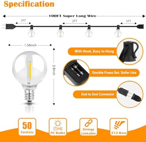 Brightever 100ft Outdoor G40 LED Globe String Lights Dimmable Waterproof Shatterproof Light Strings with 52 Bulbs Connectable Commercial Hanging Lights for Patio House Backyard Balcony - Image 3
