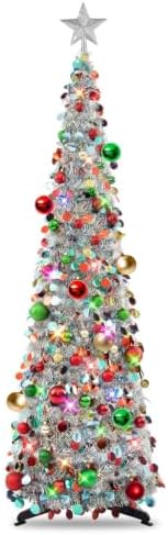 N&T NIETING Pop Up Silver Mix Tinsel Christmas Tree with Lights & 30 Balls, 5Ft Collapsible Skinny Christmas Tree for Holiday Xmas Home Office Decor by NTNIETING