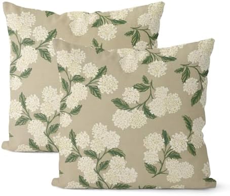 Beige Spring Pillow Covers 18x18 Inch 2 Pcs Khaki Green Hydrangea Flower Decor Throw Pillows Vintage Floral Seasonal Summer Outdoor Decoration Pillowcase Linen Cushion Cover for Couch Sofa by DAFENA
