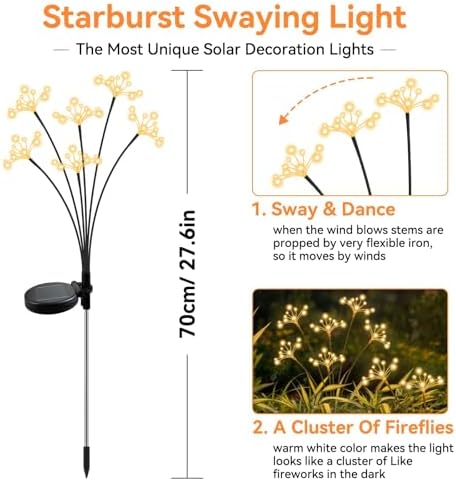 JJGoo Solar Garden Lights, New Upgraded 6 Pack Solar Swaying Starburst Light, Waterproof Fireworks Outdoor Lights, Yard Patio Pathway Decoration, Warm White - Image 2