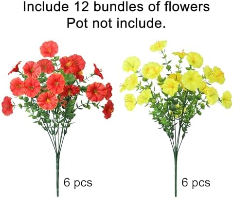 HyeFlora Artificial Flowers for Outdoors Fake Plants Outside Decoration, 12 Bundles Silk Colorful Morning Glory with Eucalyptus UV Resistant Realistic Faux Flowers for Planter Porch Patio Yard Garden - Image 5