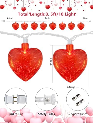 Valentines Red Heart String Lights Plug in, 8.5Ft Outdoor Valentine's Day Decorations Lights with 10 Red Glitter Heart Lights, Hanging Heart Fairy Lights for Indoor Window Wedding Birthday Party Decor - Image 2
