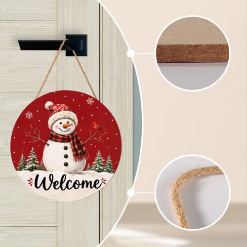 Christmas Welcome Sign for Front Door Decor Xmas Snowman Snowflake Round Outdoor Hanging Wooden Door Sign for Porch Red Winter Holiday Wreath Hanger Sign for Outside Indoor Wall Decoration 12"X12" - Image 4
